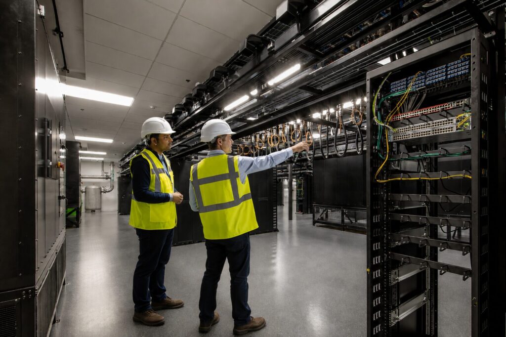 Data Center White Space Integration Two Wunderlich-Malec engineers in hard hats and high-visibility vests reviewing structured cabling in a data center white space